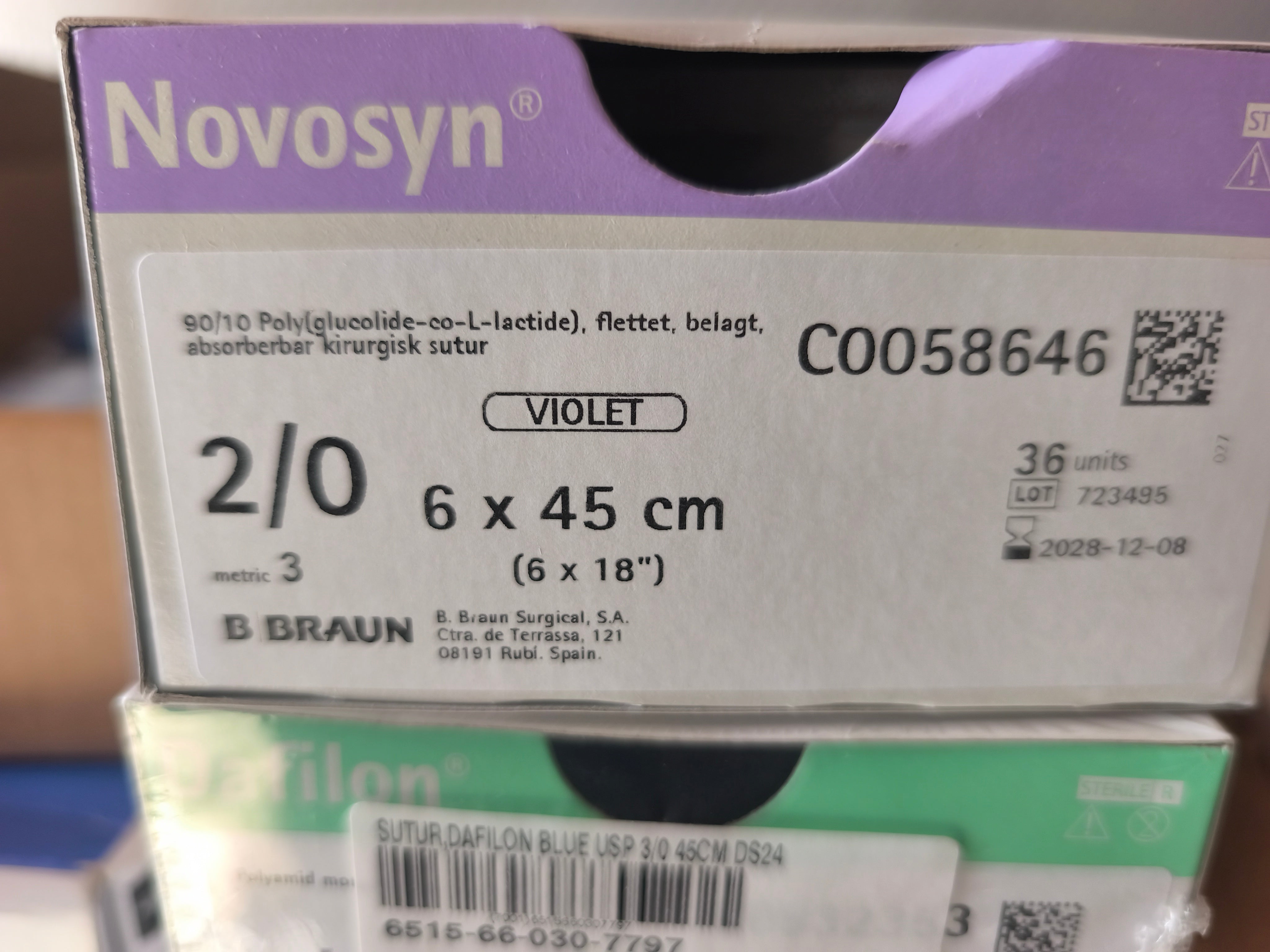 Novosyn suturtråd uden nål 6x45cm, størrelse 2, fra forsvaret
